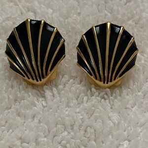 Monet Clip on Black and Gold Art Deco Shell Earrings